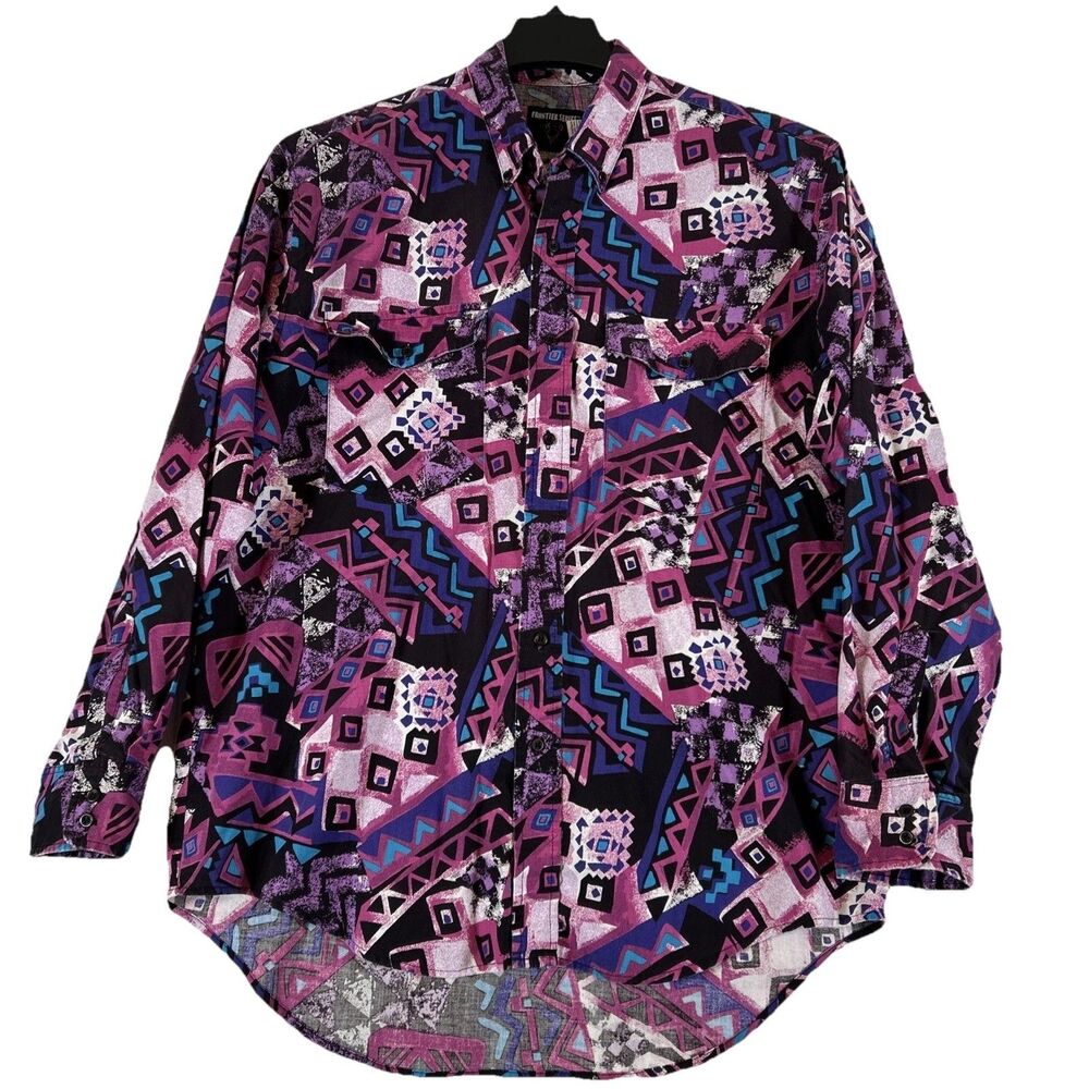 Vintage 80's Frontier Series Purple All Over Print Western Southwest Shirt Sz L